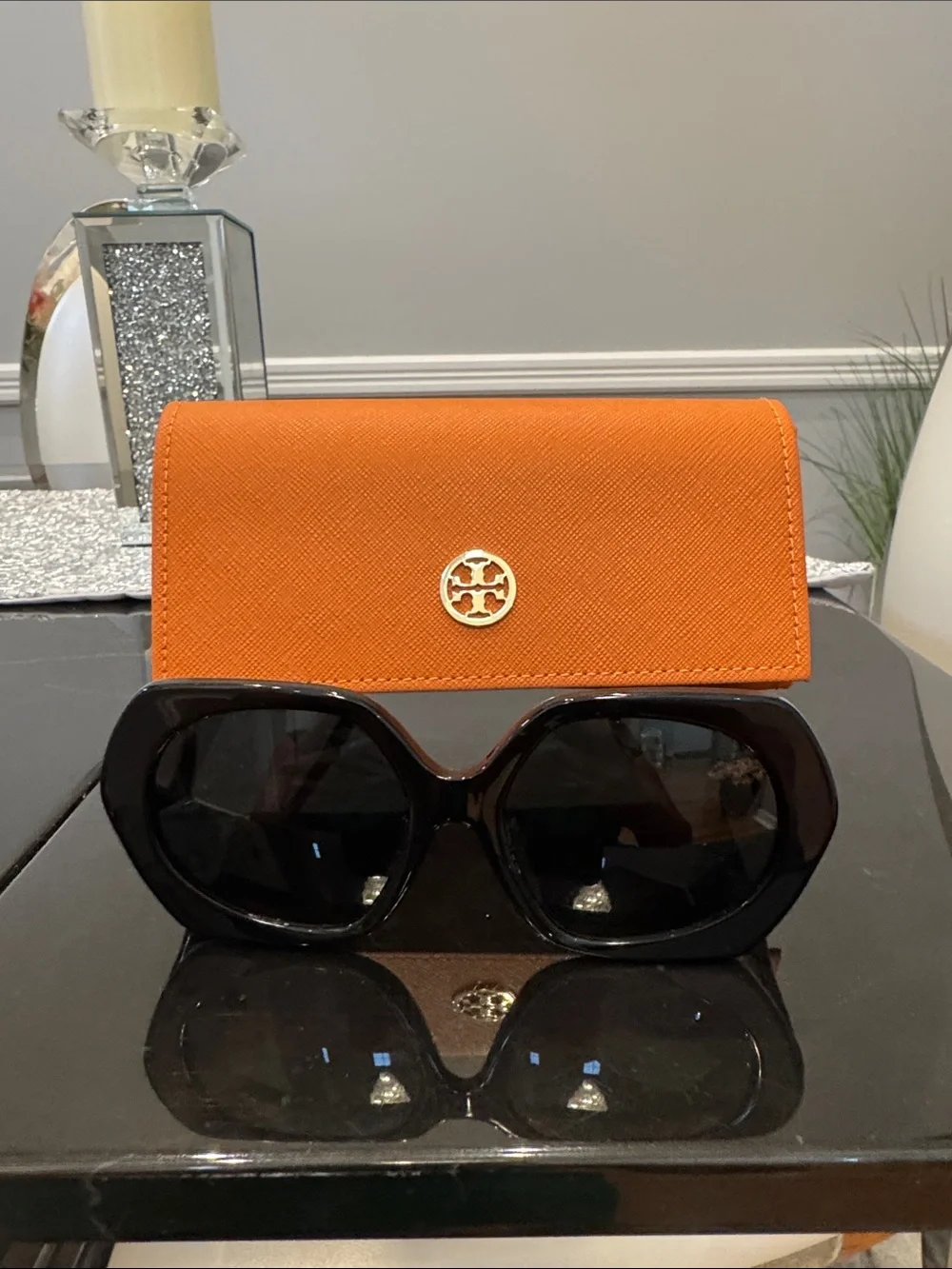 Tory Burch Black Oversized Geometric Sunglasses with Orange Case